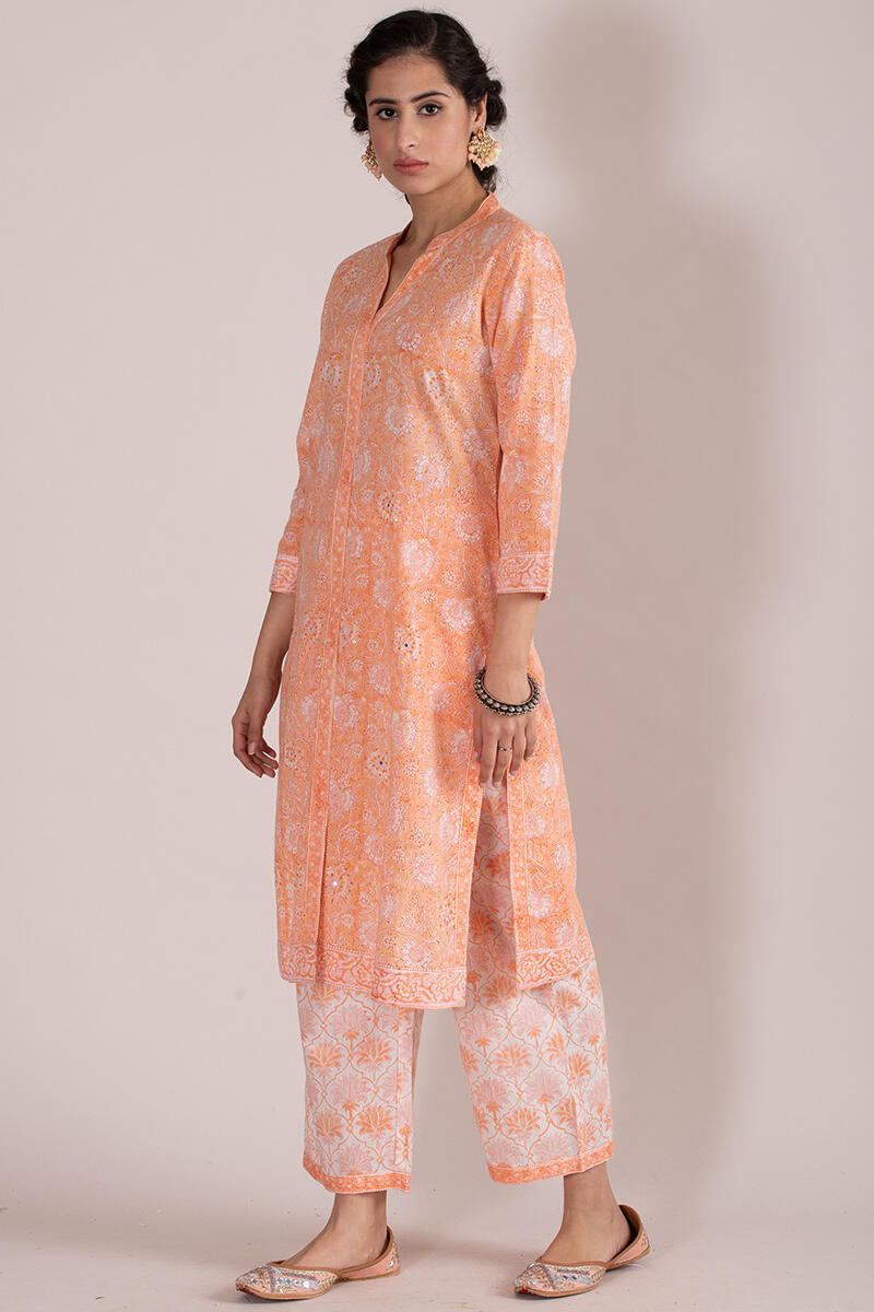 Orange Block Printed Straight Cotton Kurta