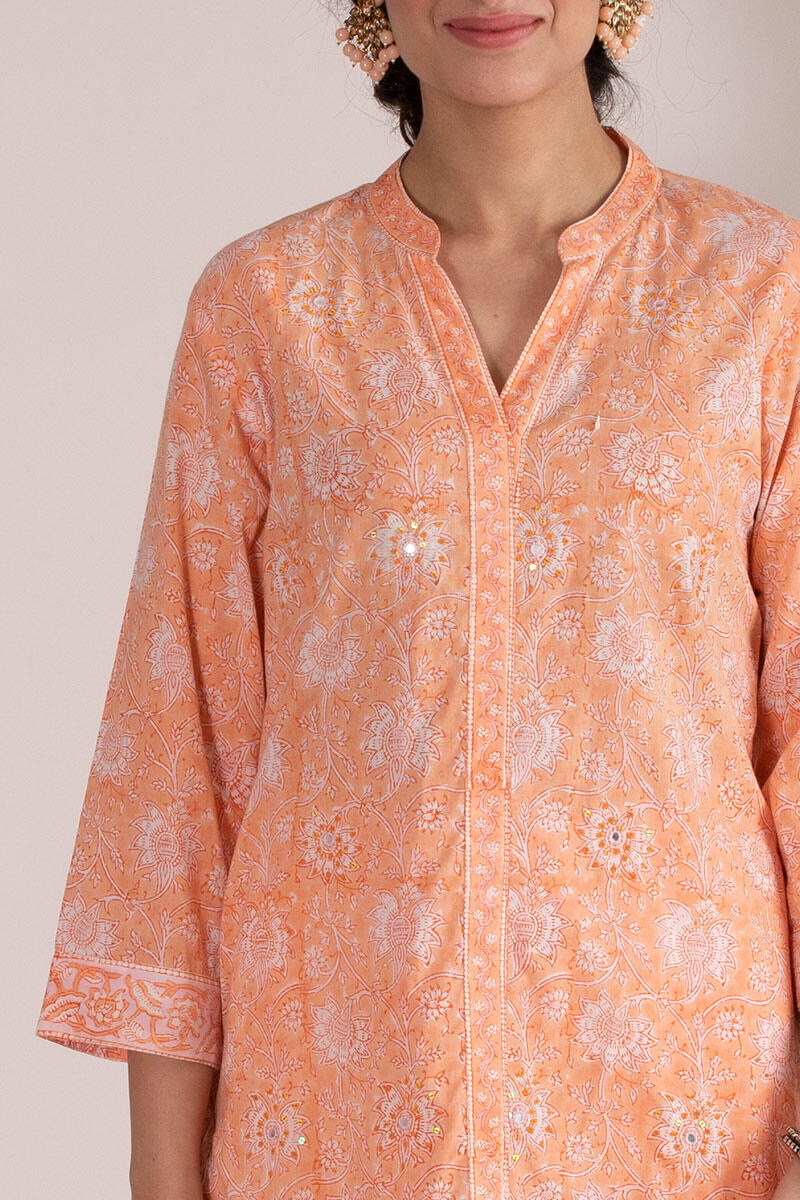 Orange Block Printed Straight Cotton Kurta