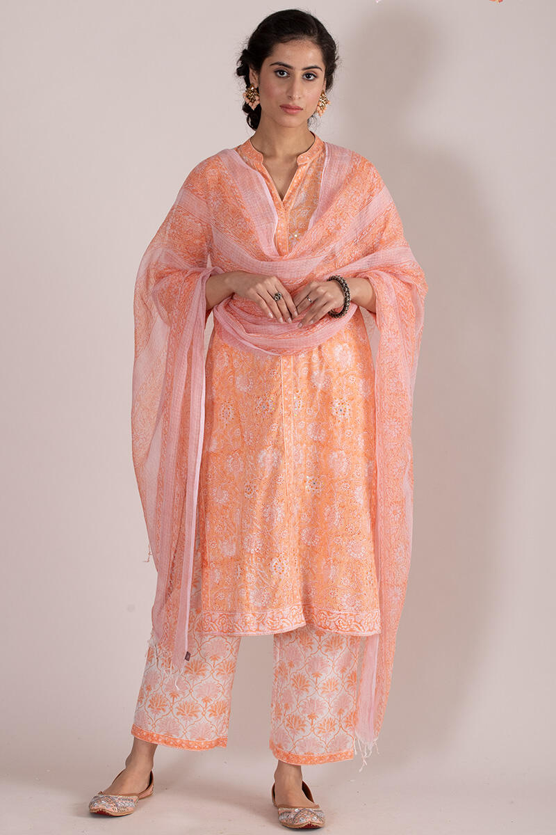 Orange Block Printed Straight Cotton Kurta