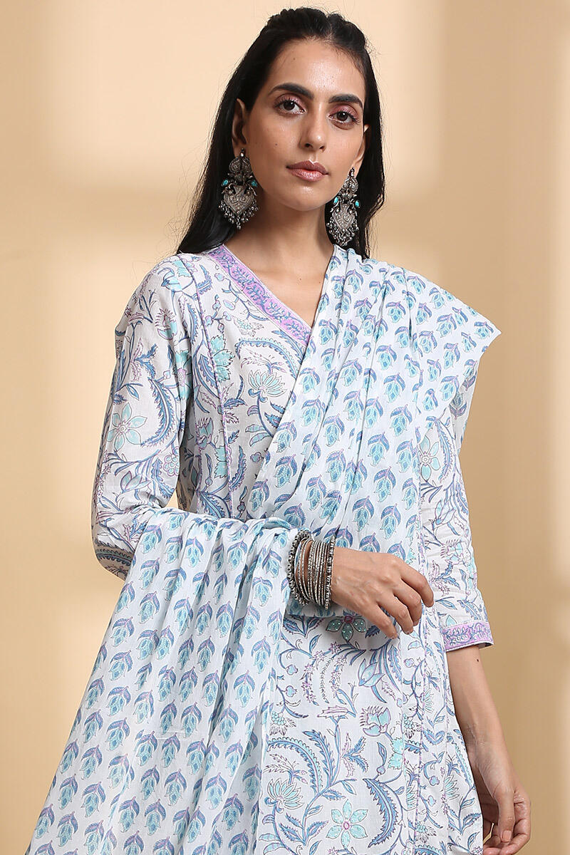 White Block Printed Cotton Dupatta
