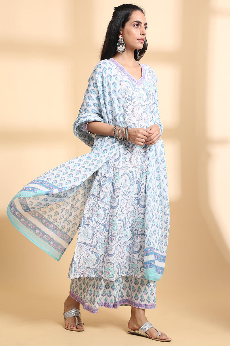 White Block Printed Cotton Dupatta