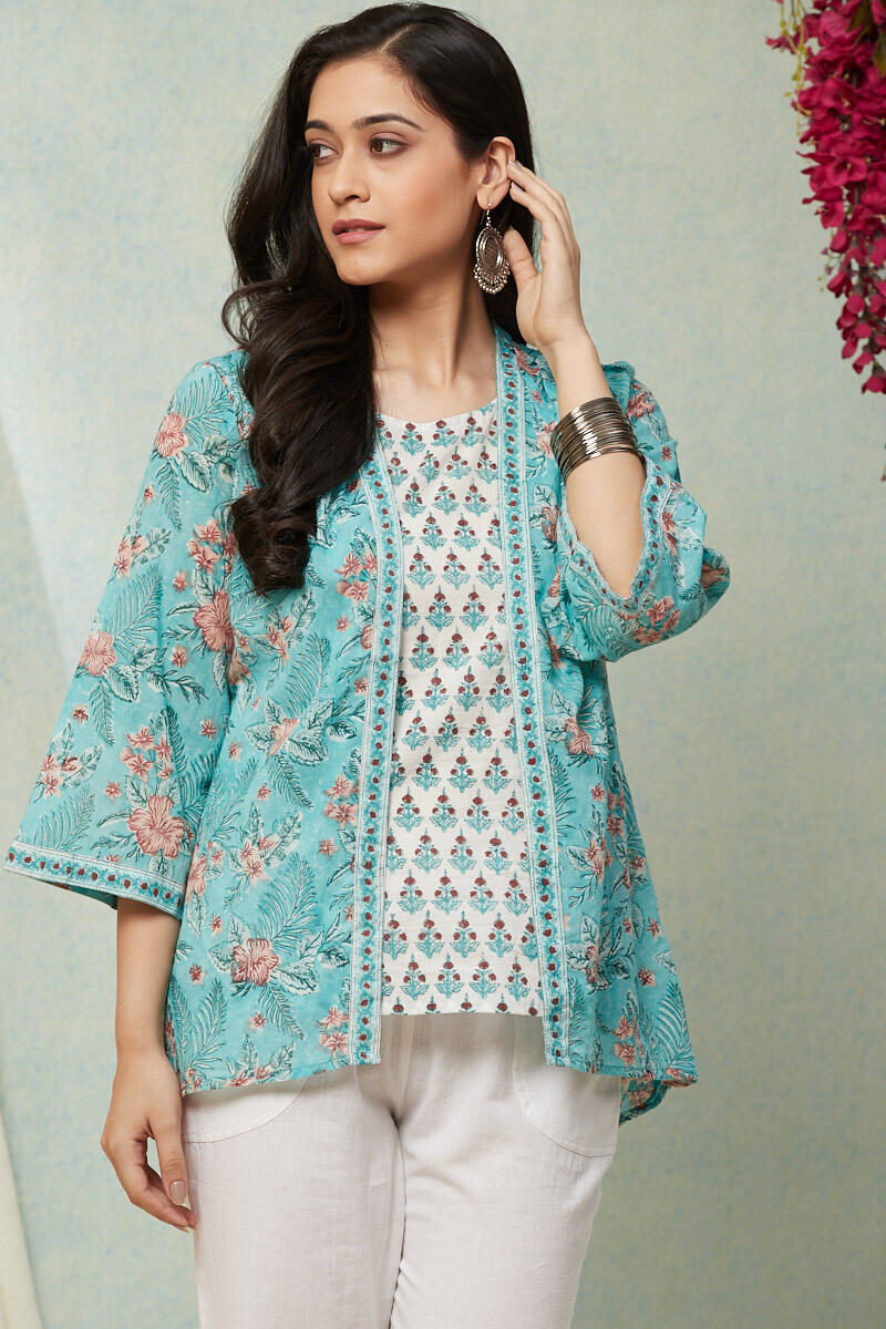 Turquoise Block Printed Cotton Kimono