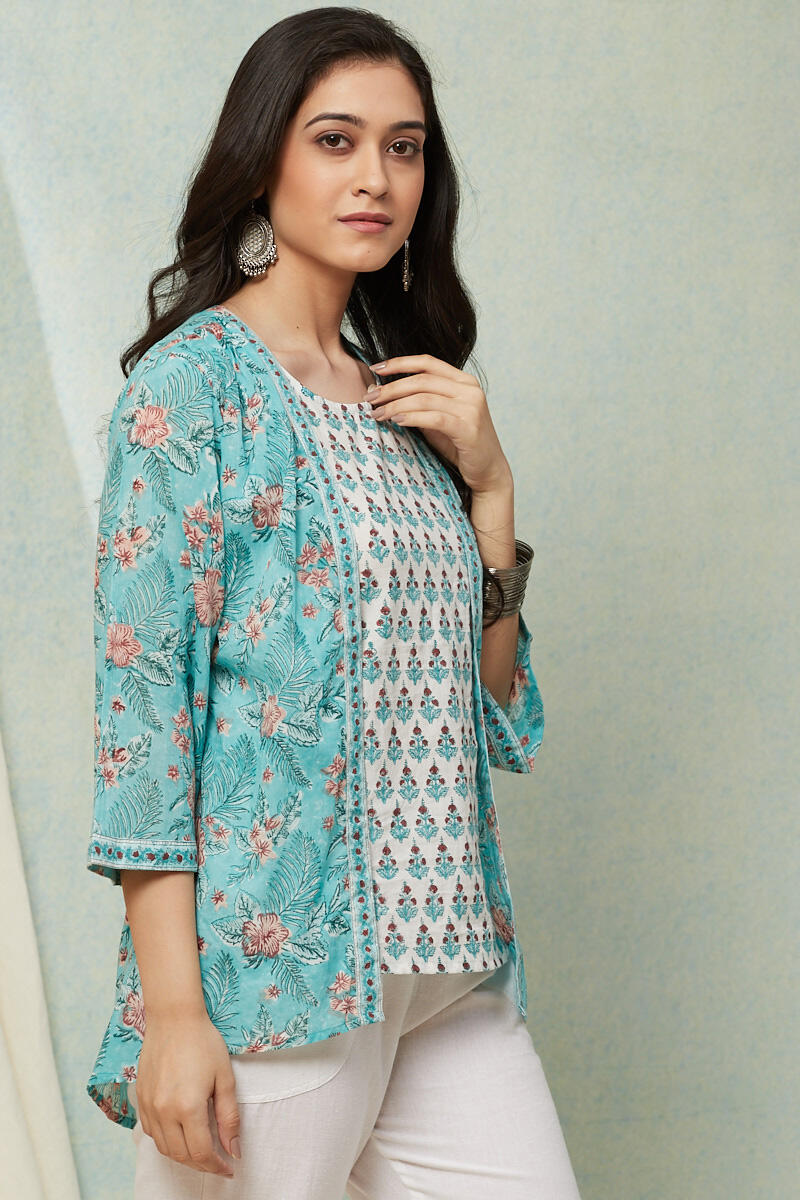 Turquoise Block Printed Cotton Kimono