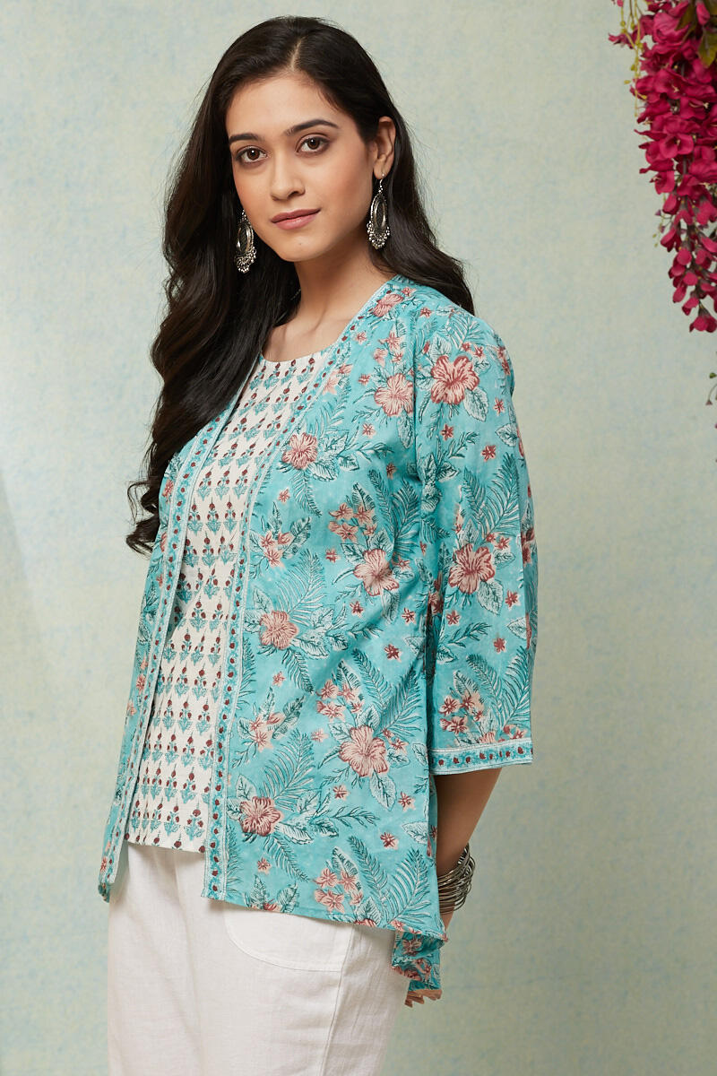 Turquoise Block Printed Cotton Kimono