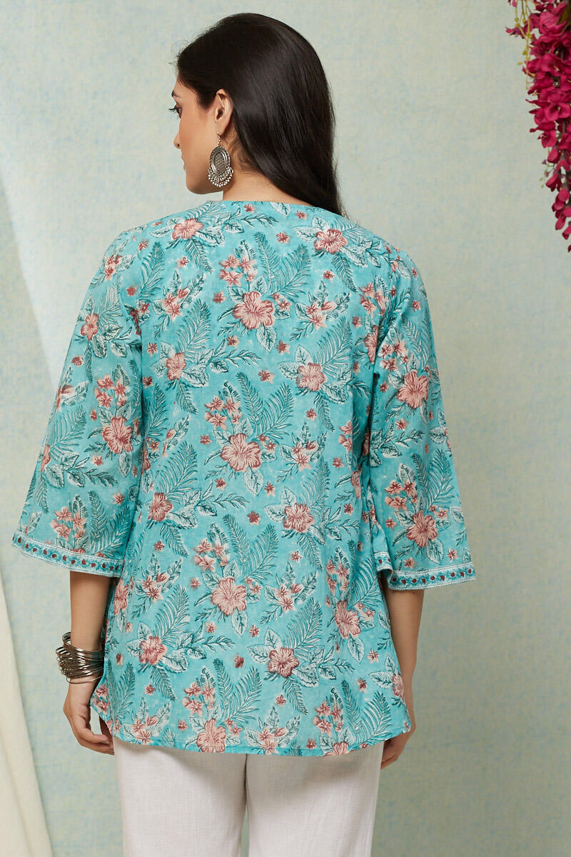 Turquoise Block Printed Cotton Kimono
