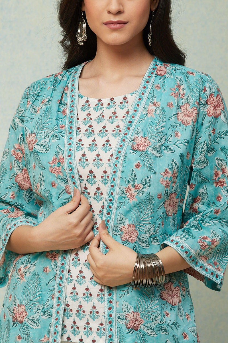 Turquoise Block Printed Cotton Kimono