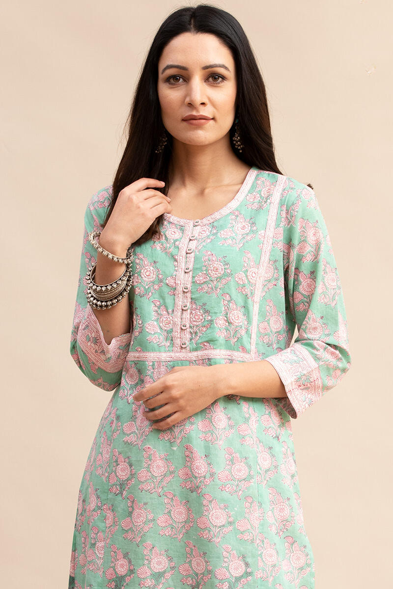 Green Block Printed Straight Cotton Kurta