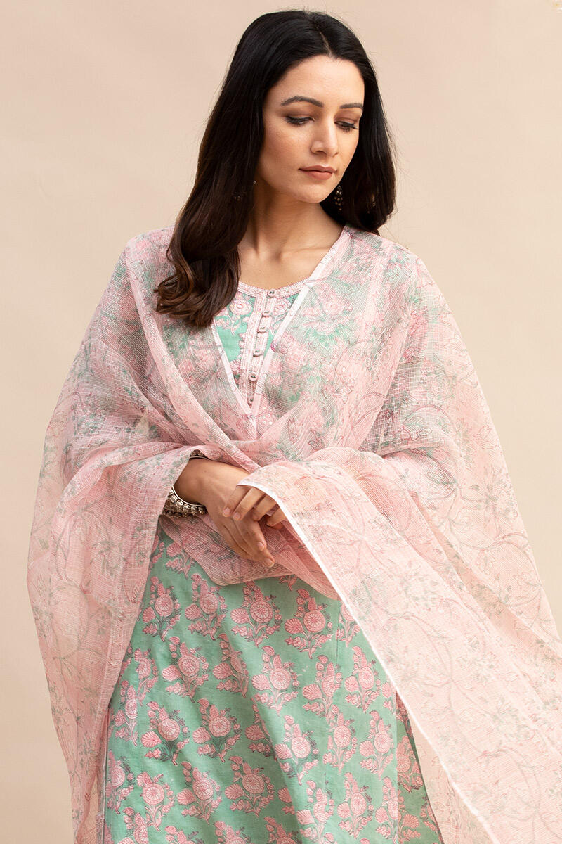 Green Block Printed Straight Cotton Kurta