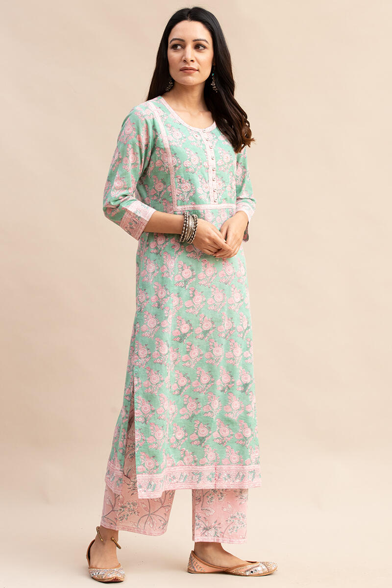 Green Block Printed Straight Cotton Kurta