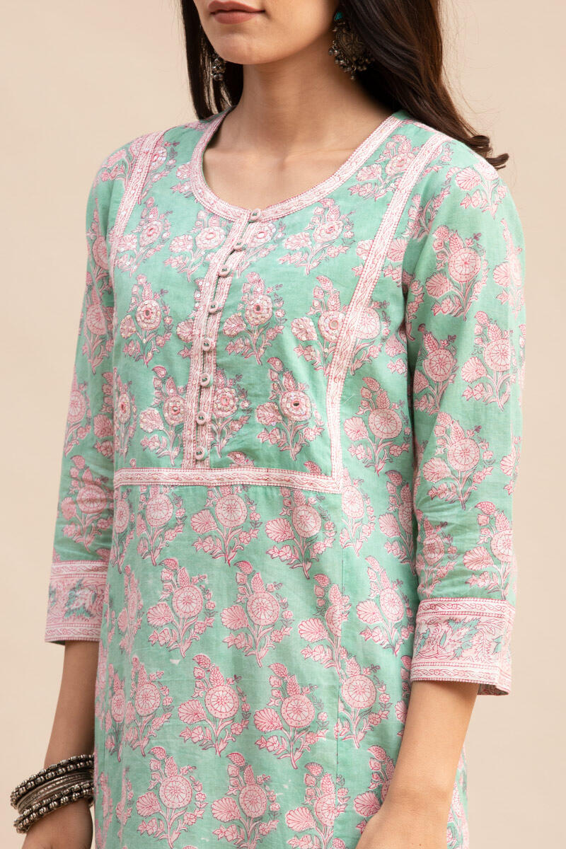 Green Block Printed Straight Cotton Kurta