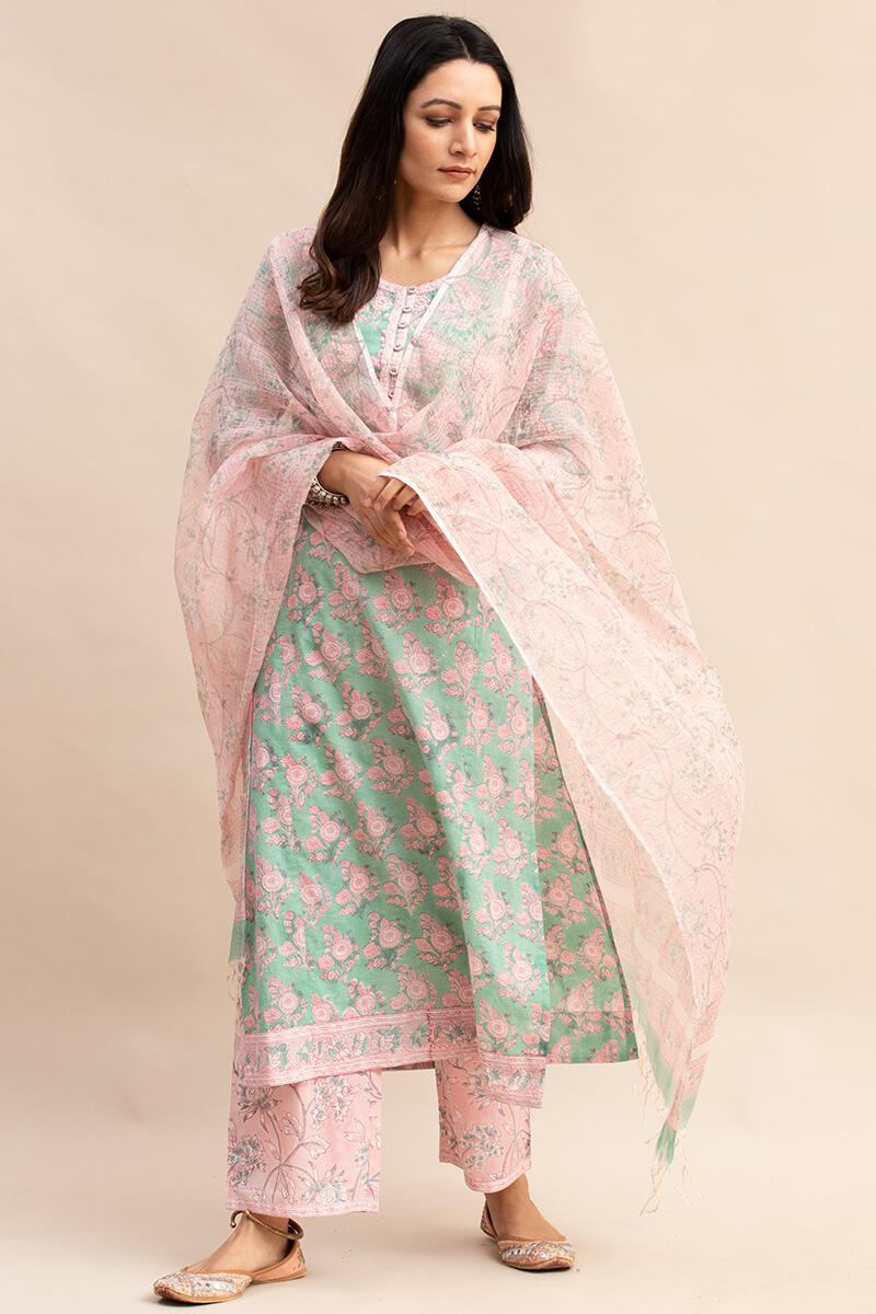 Green Block Printed Straight Cotton Kurta