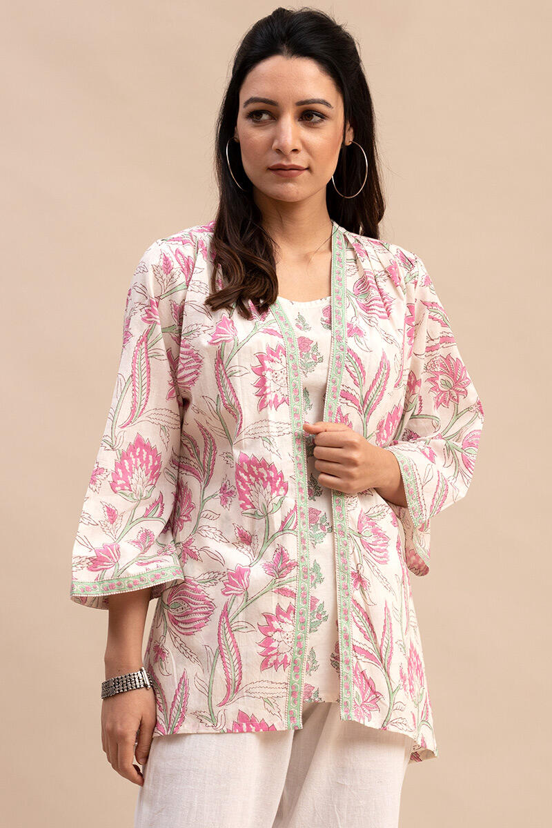 White Block Printed Cotton Kimono