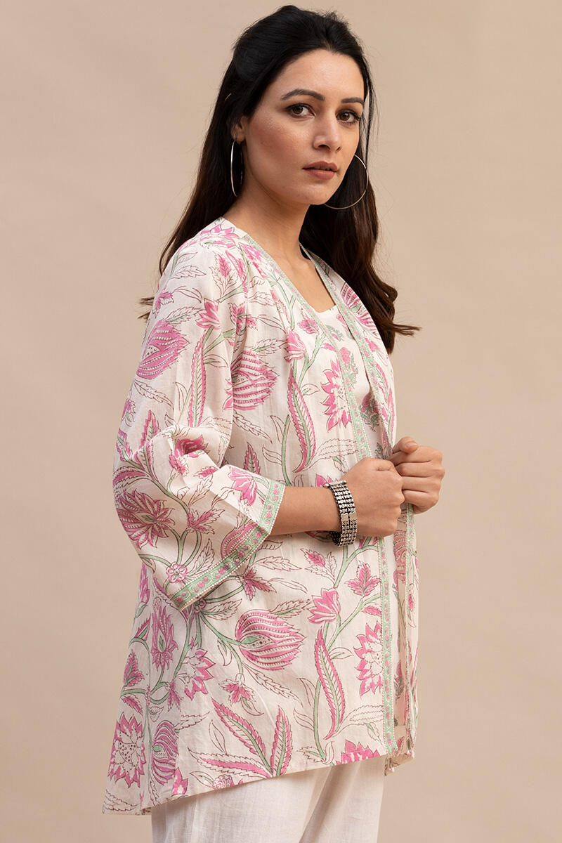 White Block Printed Cotton Kimono