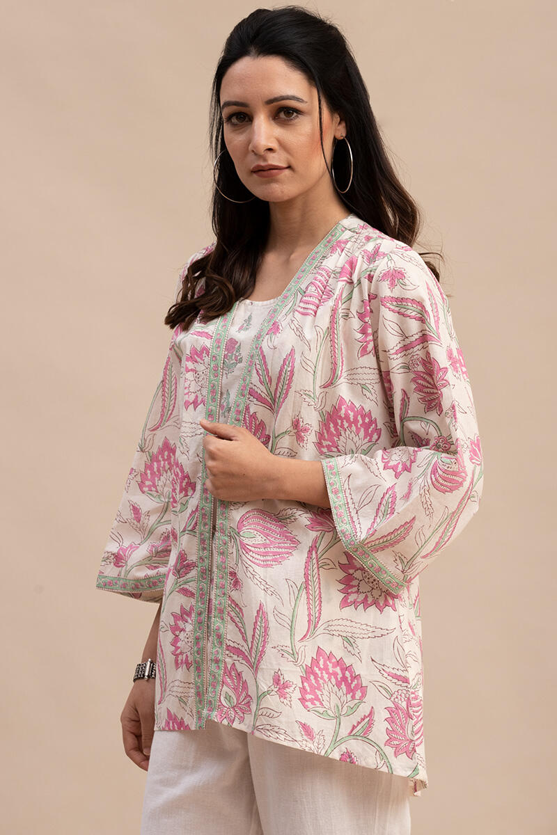 White Block Printed Cotton Kimono