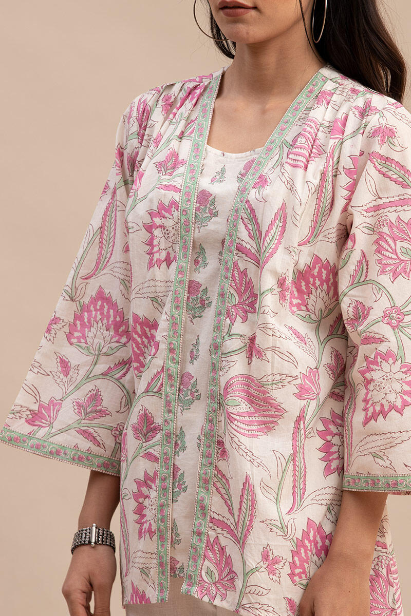 White Block Printed Cotton Kimono