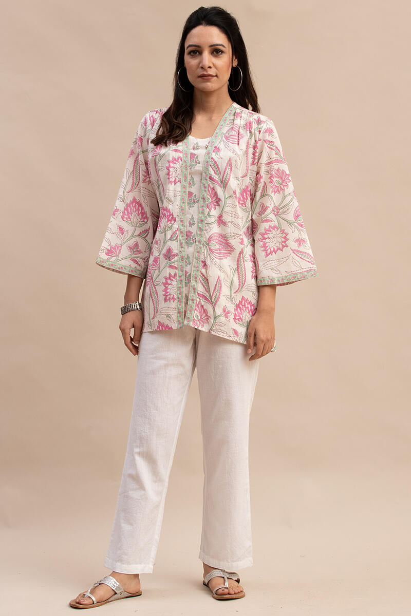 White Block Printed Cotton Kimono