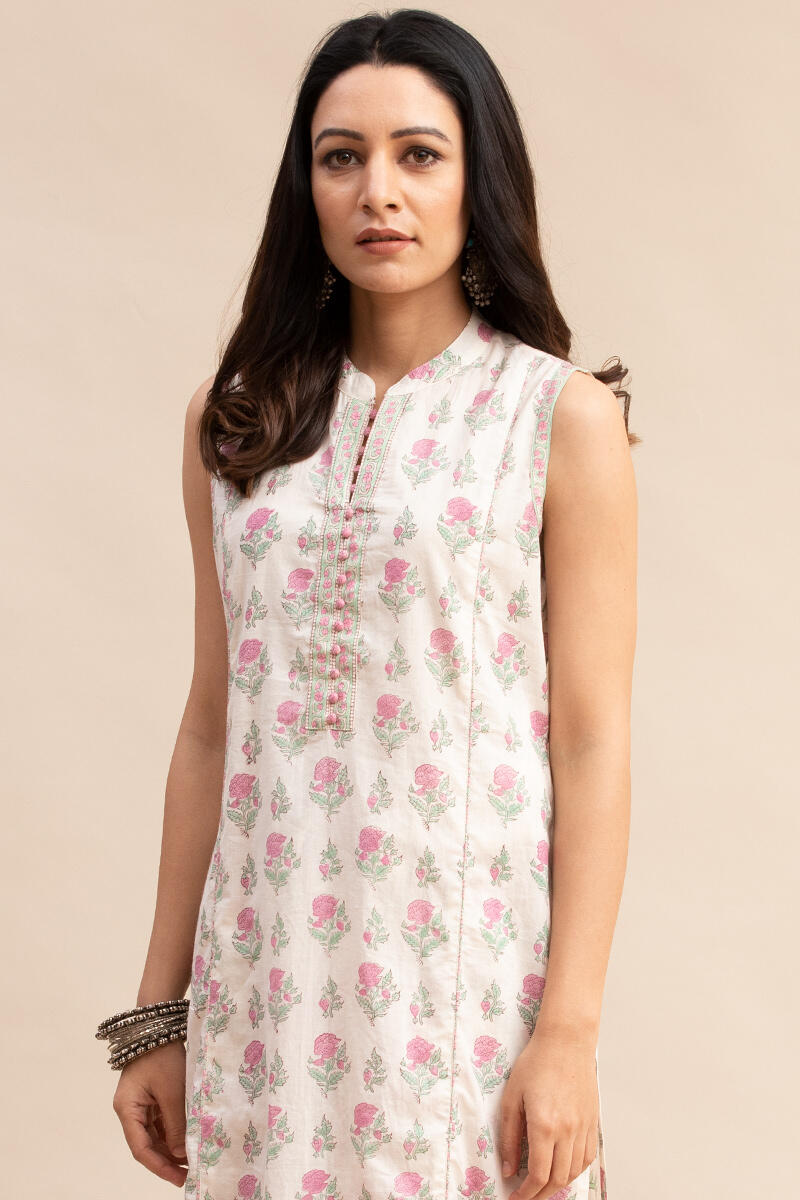White Block Printed Straight Cotton Kurta