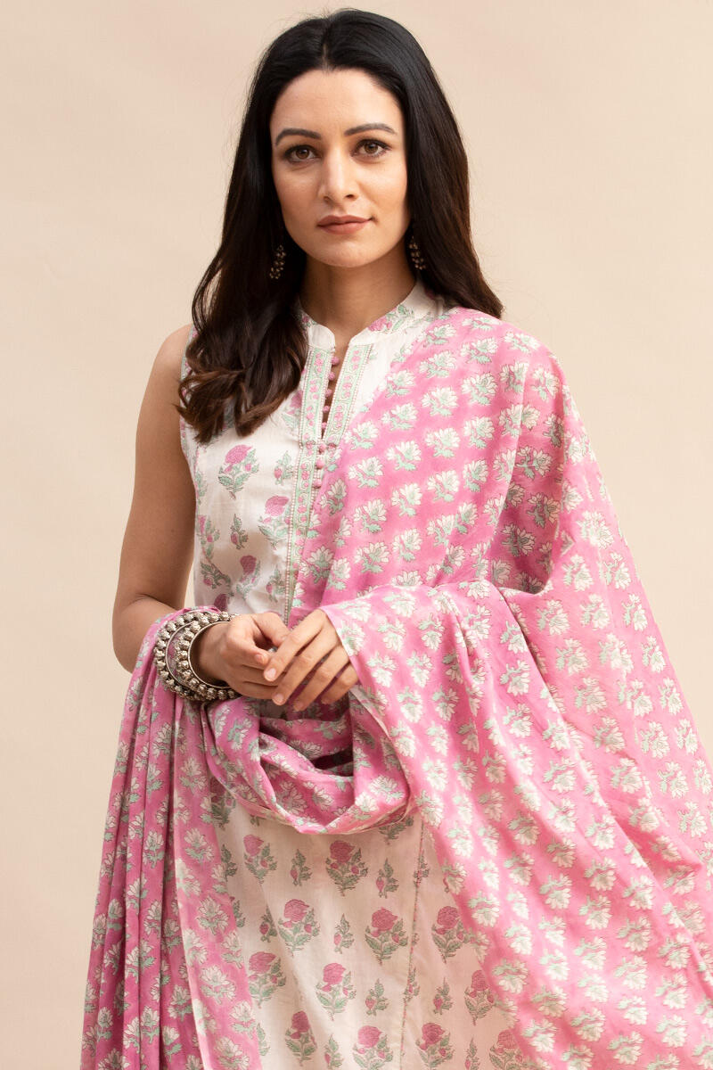 White Block Printed Straight Cotton Kurta