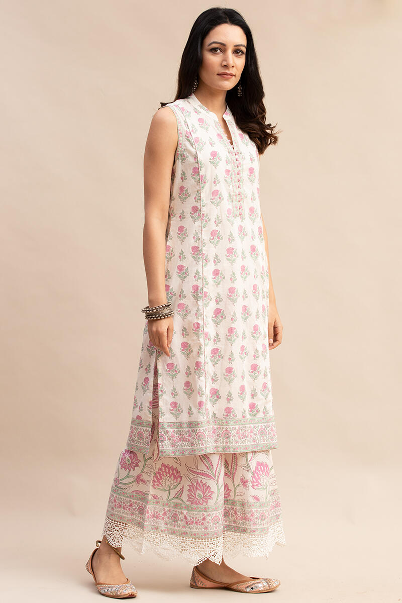White Block Printed Straight Cotton Kurta