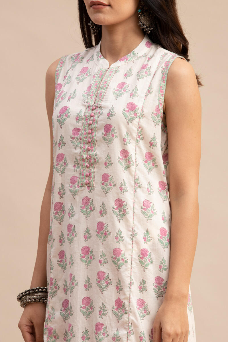 White Block Printed Straight Cotton Kurta