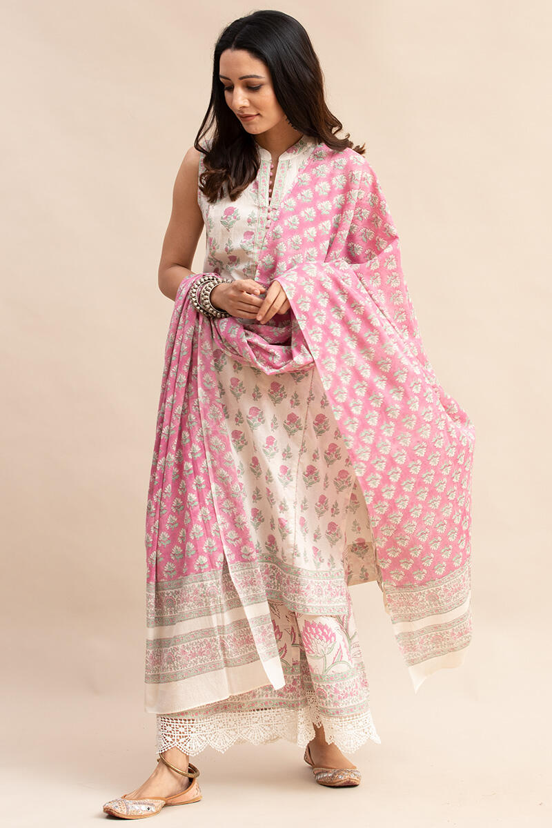 White Block Printed Straight Cotton Kurta