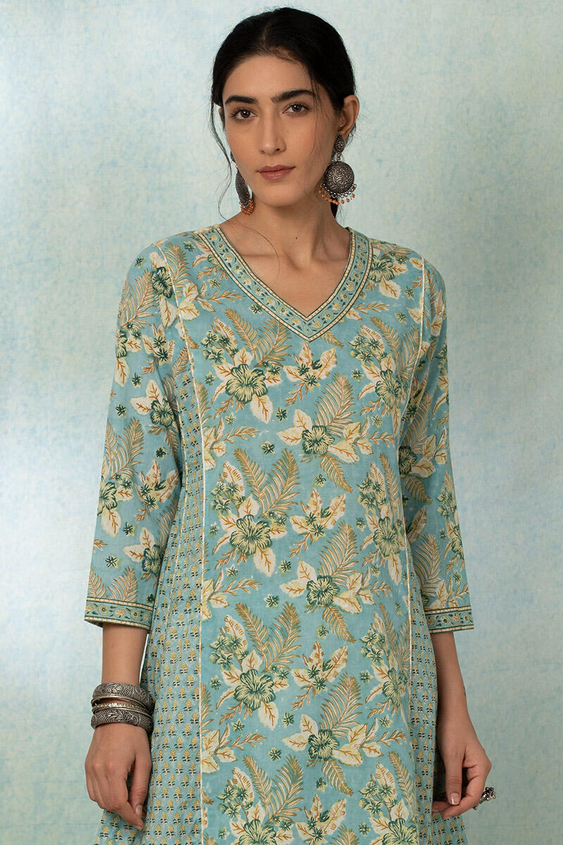 Turquoise Block Printed A-line Cotton Kurta