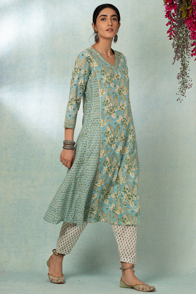 Turquoise Block Printed A-line Cotton Kurta