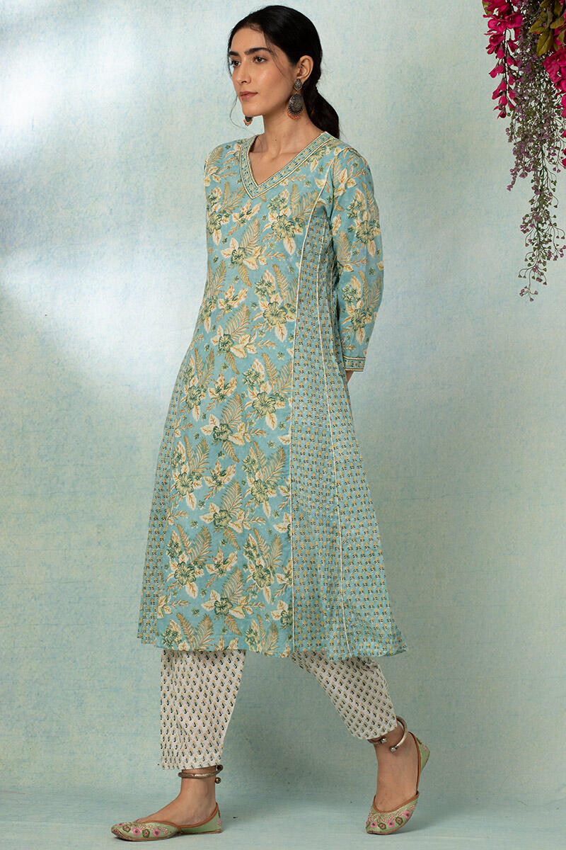 Turquoise Block Printed A-line Cotton Kurta