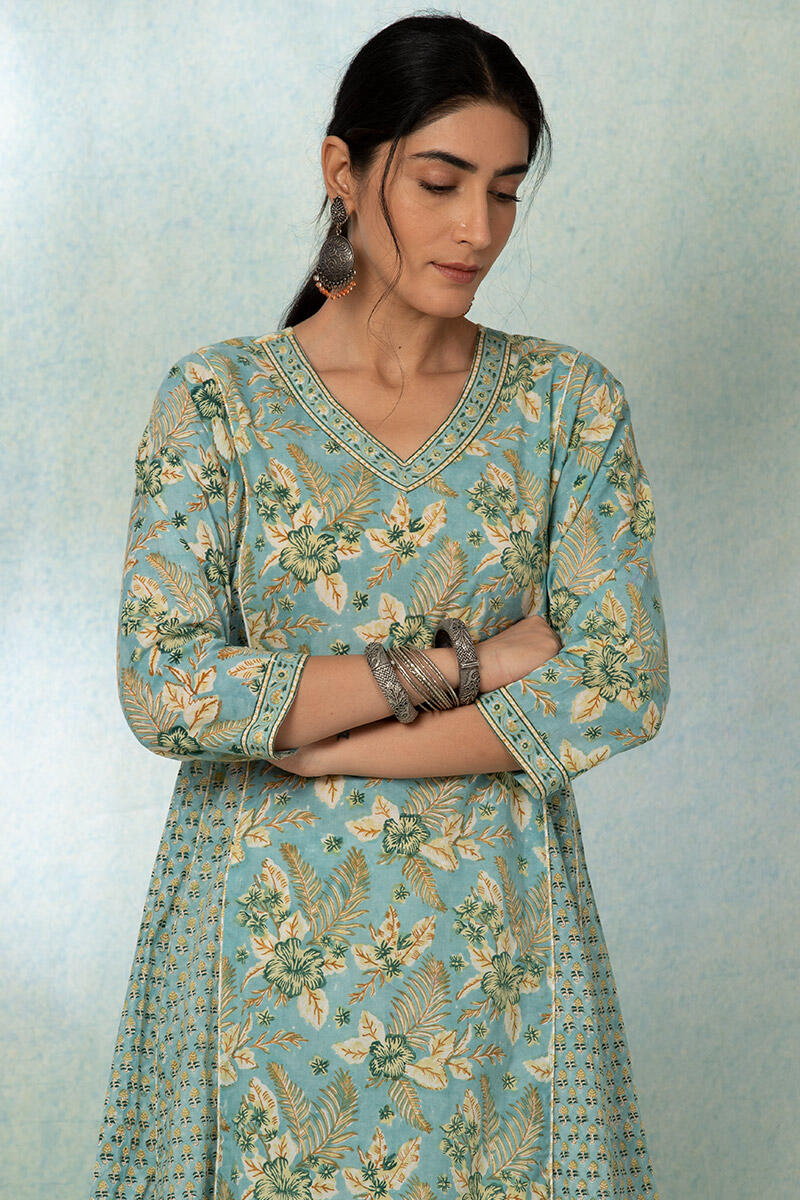 Turquoise Block Printed A-line Cotton Kurta