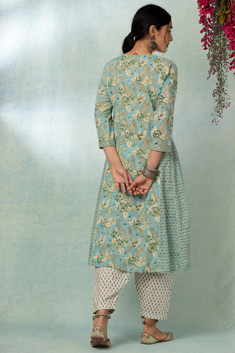 Turquoise Block Printed A-line Cotton Kurta