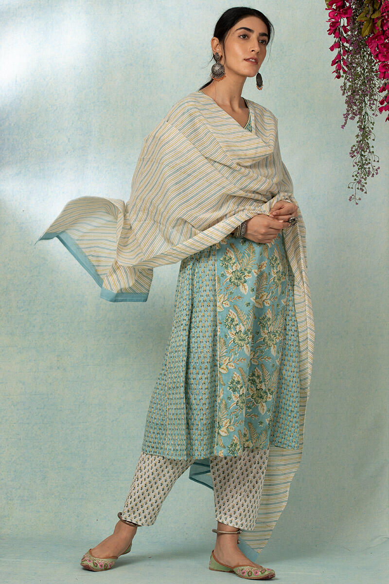 Turquoise Block Printed A-line Cotton Kurta