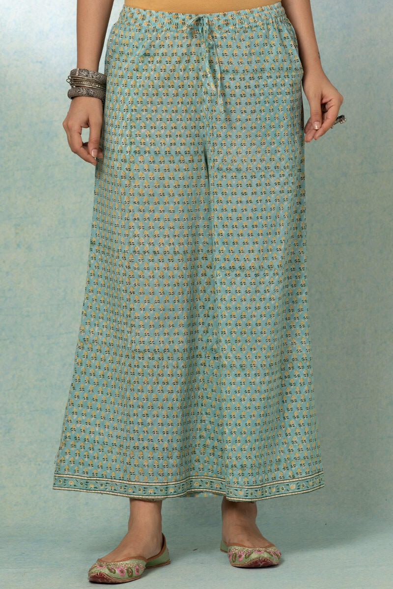Turquoise Block Printed Cotton Palazzo