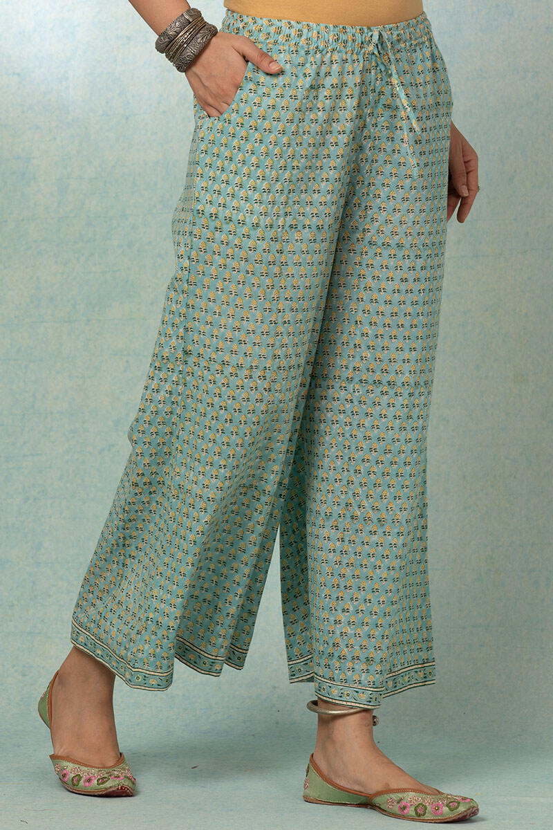 Turquoise Block Printed Cotton Palazzo