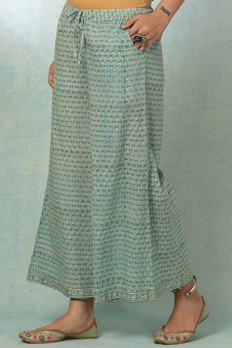 Turquoise Block Printed Cotton Palazzo
