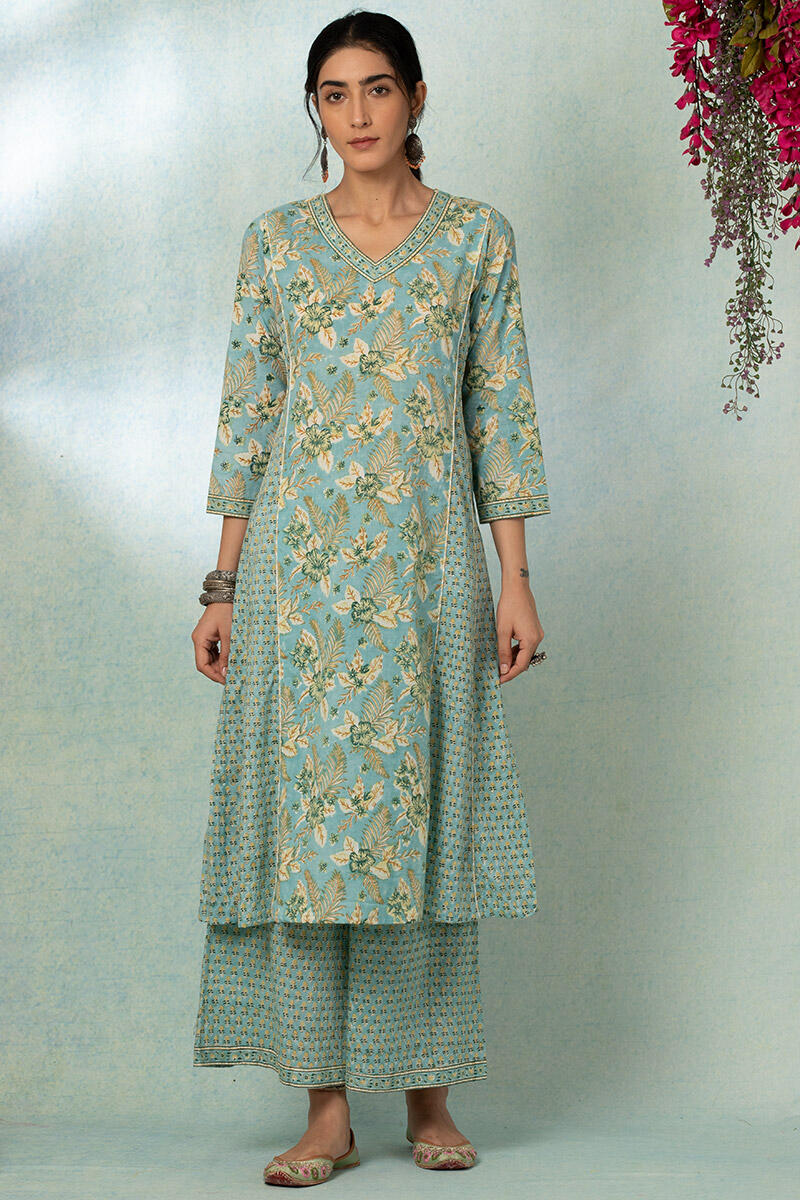 Turquoise Block Printed Cotton Palazzo