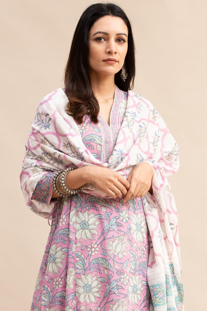 Pink Block Printed A-line Cotton Kurta