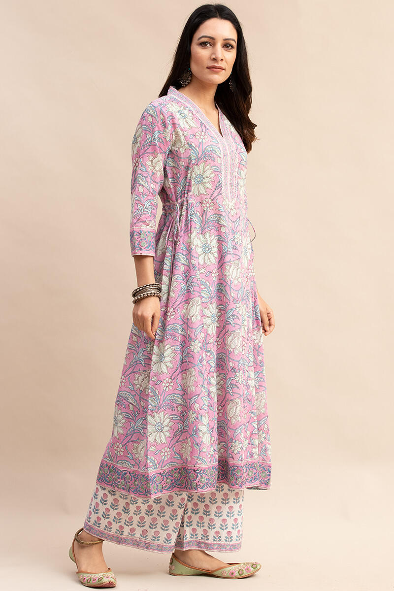 Pink Block Printed A-line Cotton Kurta