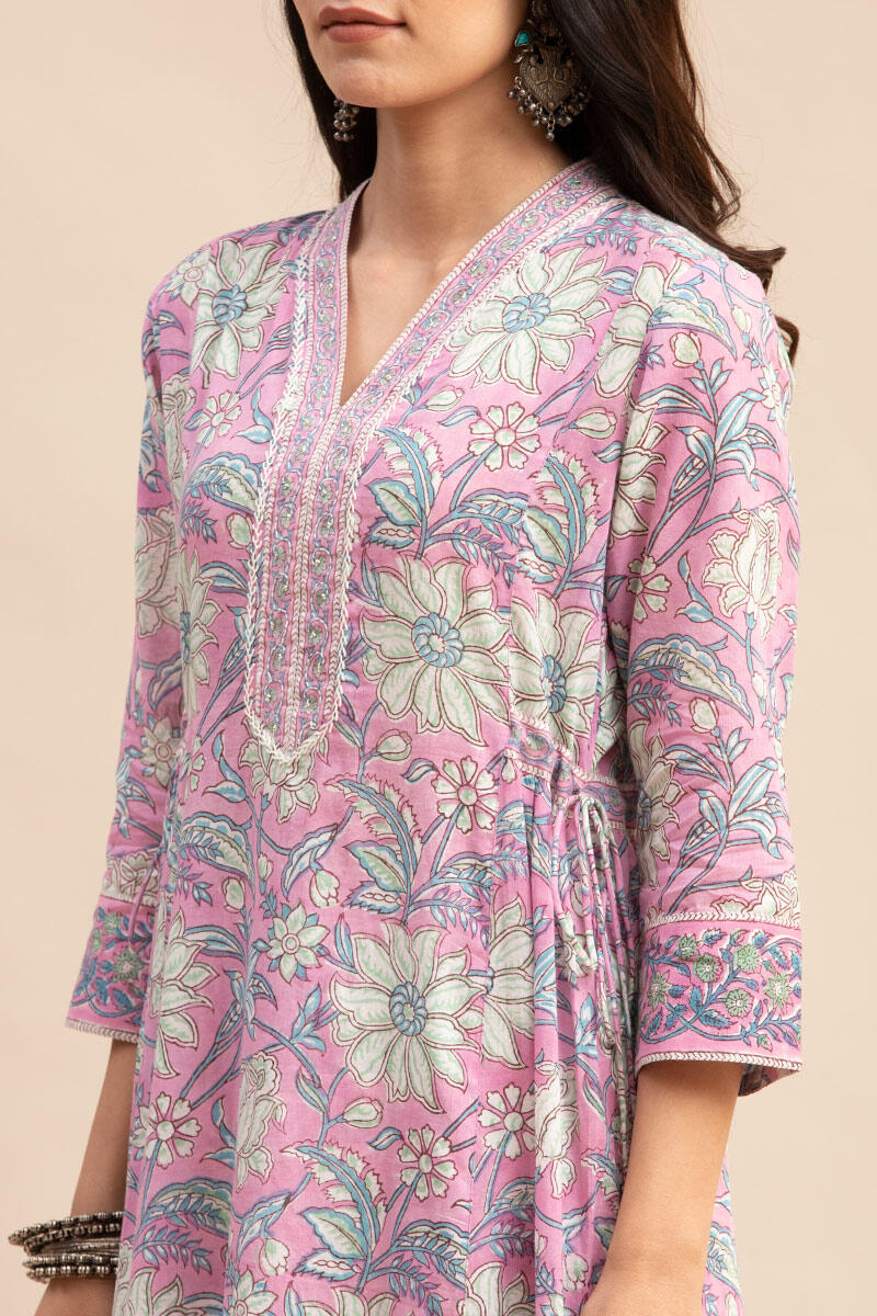 Pink Block Printed A-line Cotton Kurta