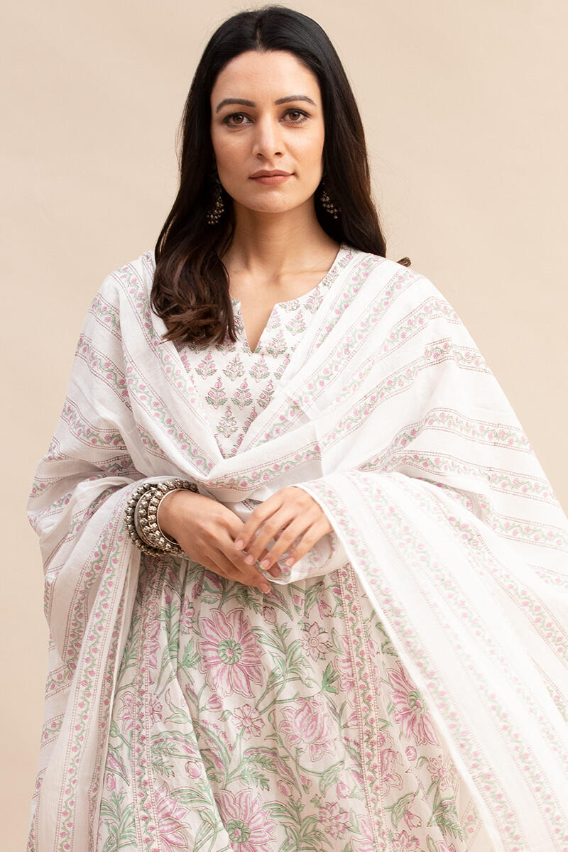White Block Printed Cotton Dupatta