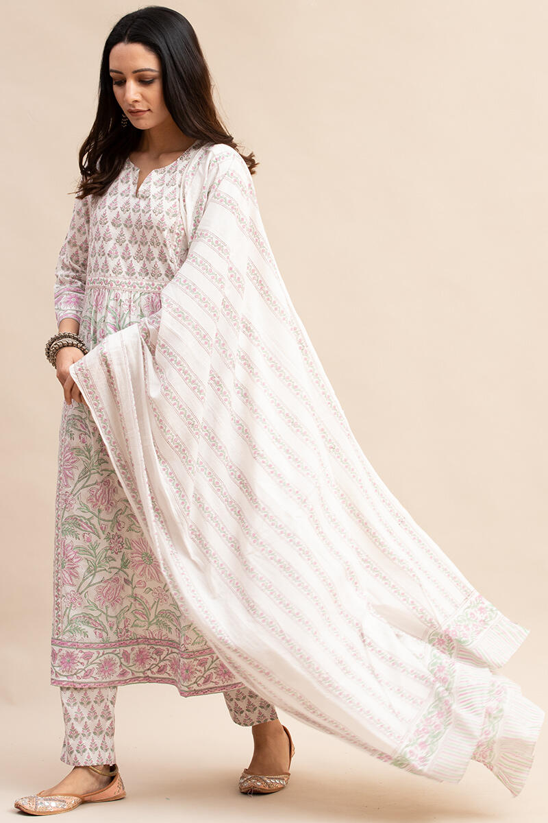 White Block Printed Cotton Dupatta