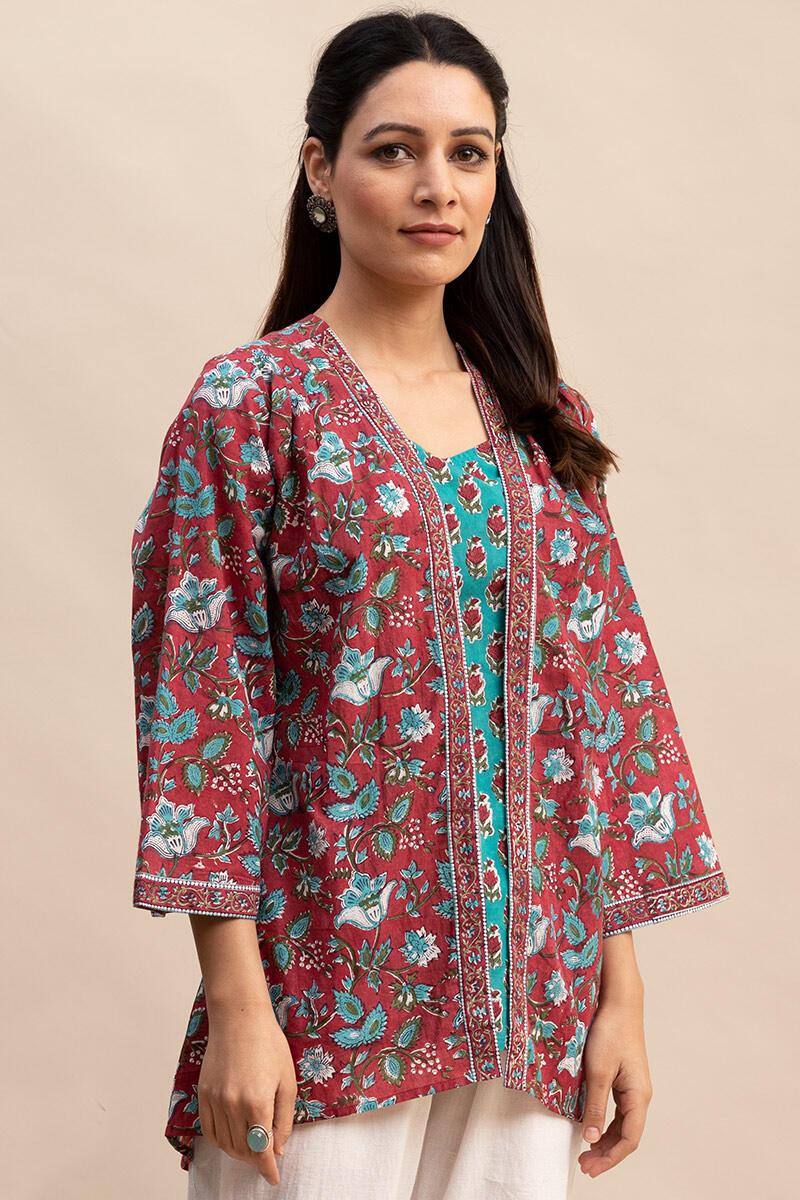 Maroon Block Printed Cotton Kimono