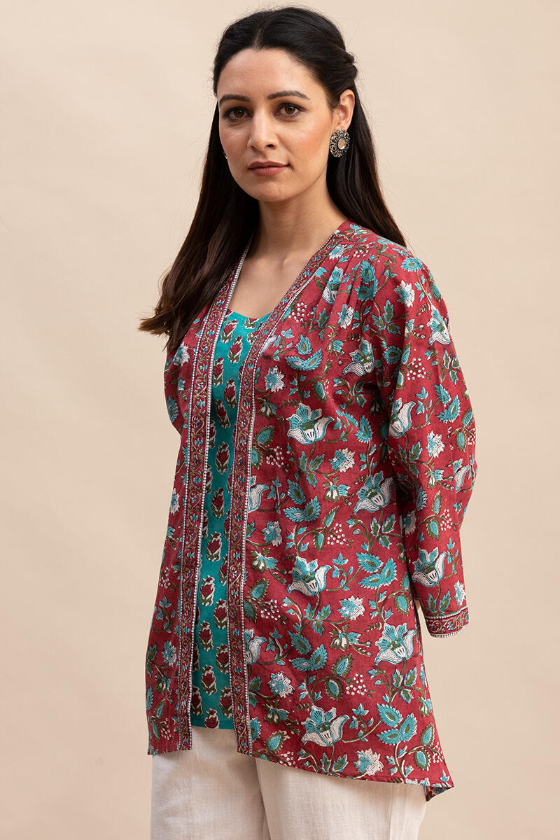 Maroon Block Printed Cotton Kimono