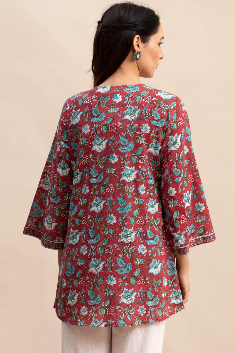 Maroon Block Printed Cotton Kimono