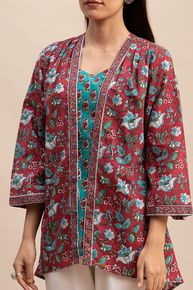 Maroon Block Printed Cotton Kimono