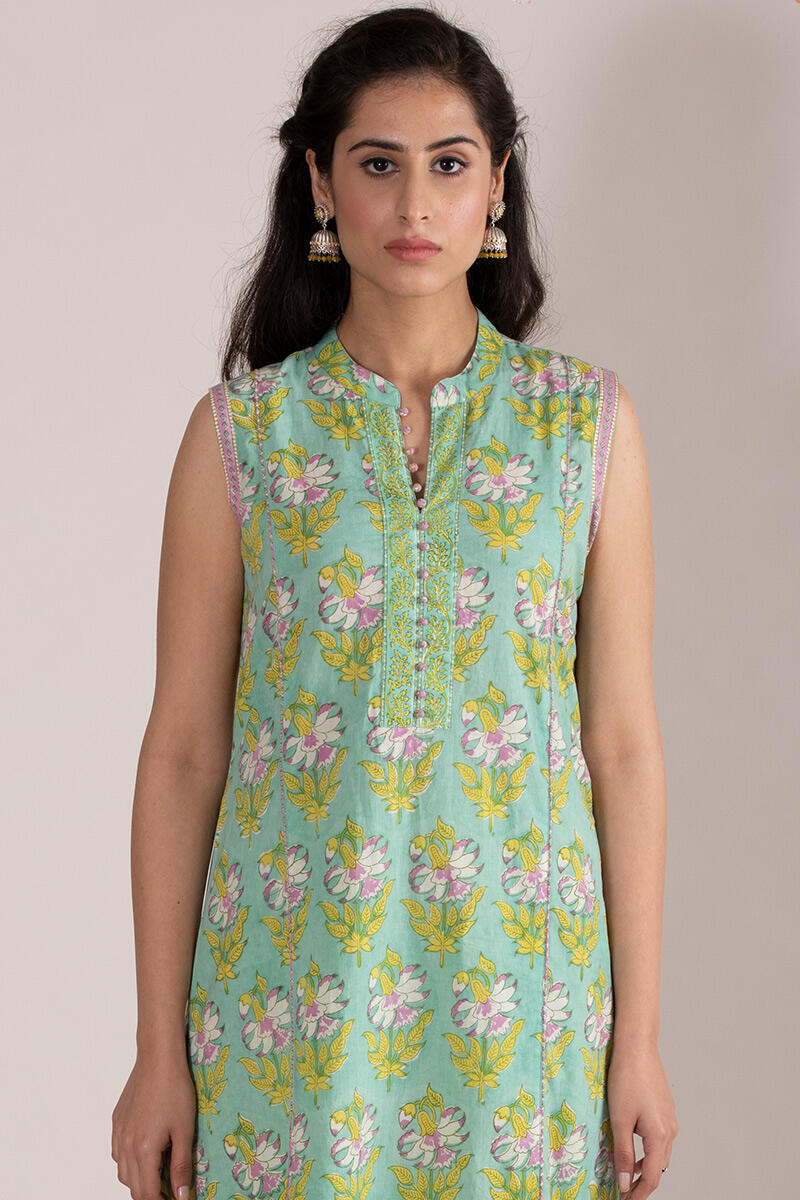 Green Block Printed Straight Cotton Kurta