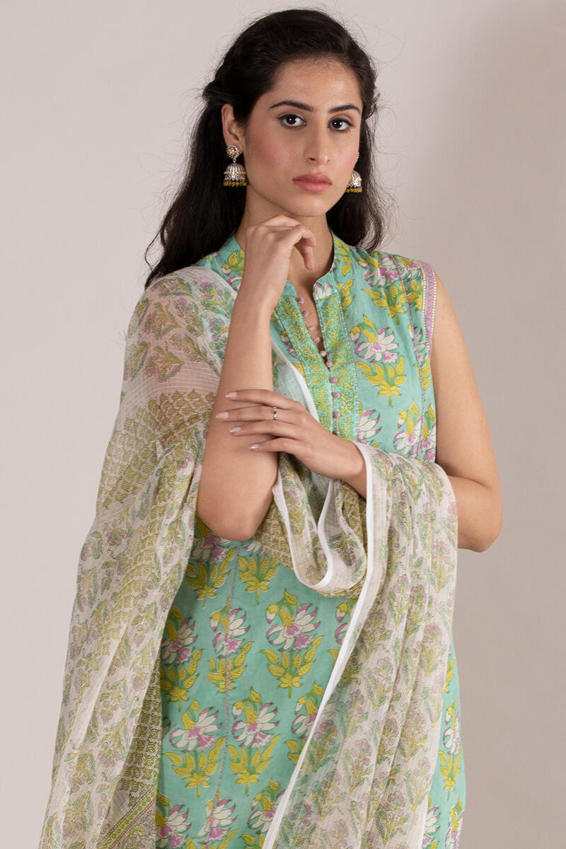 Green Block Printed Straight Cotton Kurta