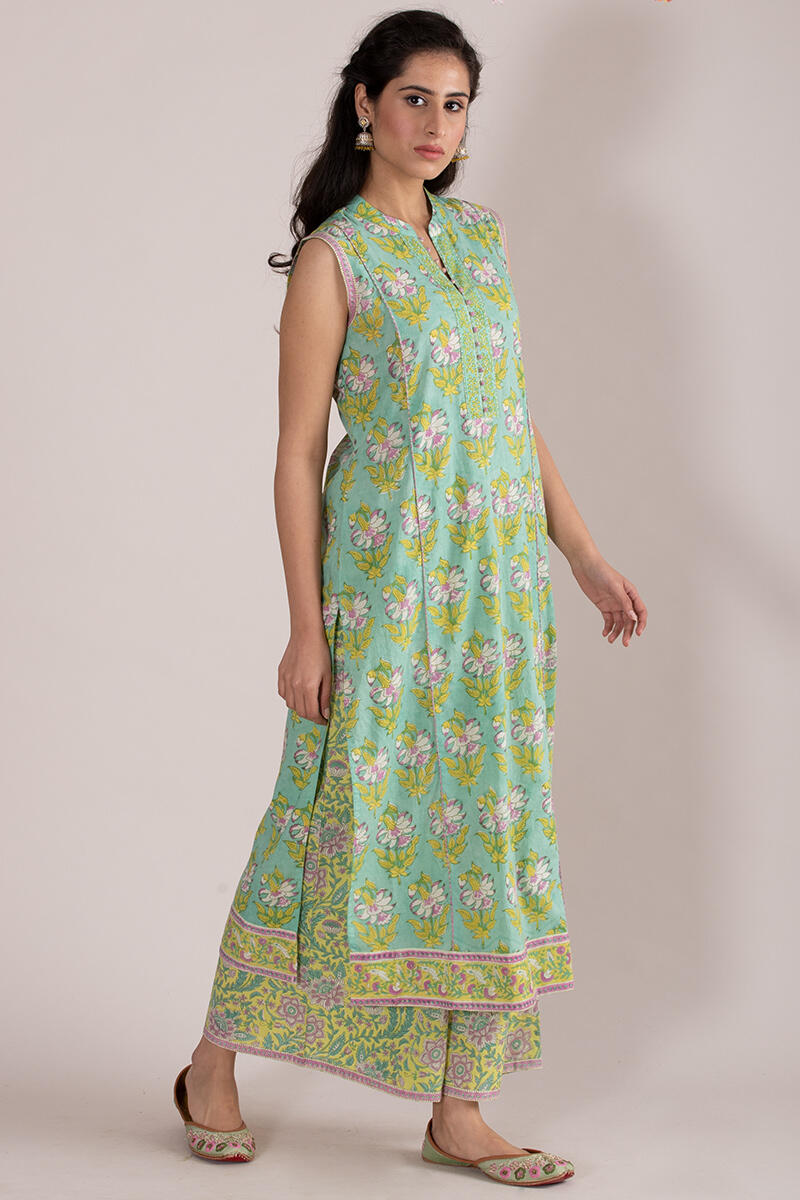 Green Block Printed Straight Cotton Kurta