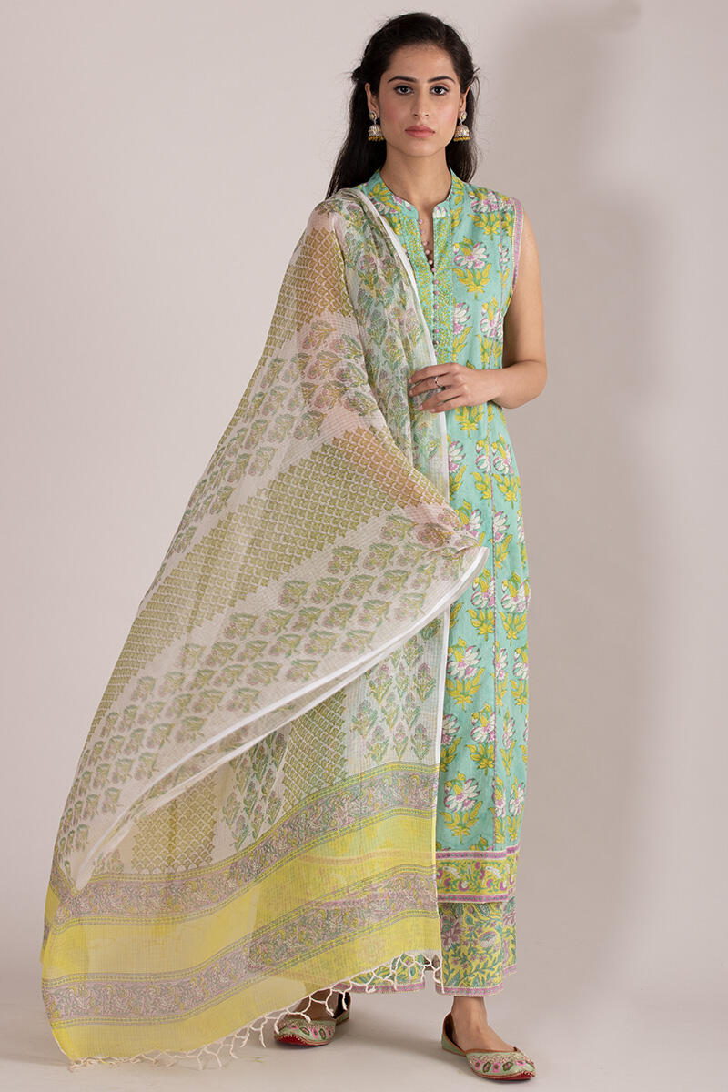 Green Block Printed Straight Cotton Kurta