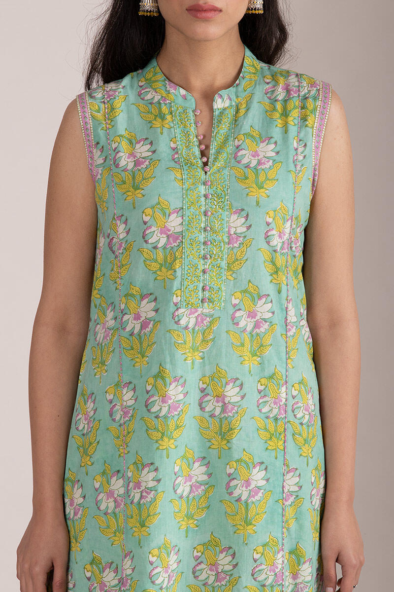 Green Block Printed Straight Cotton Kurta