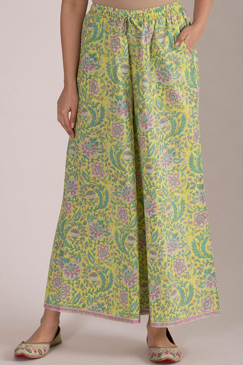 Yellow Block Printed Cotton Palazzo